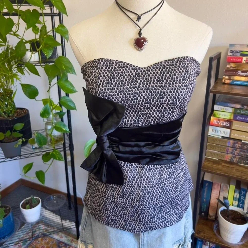 Vintage Y2K 2000s Bow Tube Top Strapless Womens Medium Office Siren Goth Glam‎ - Picture 2 of 7